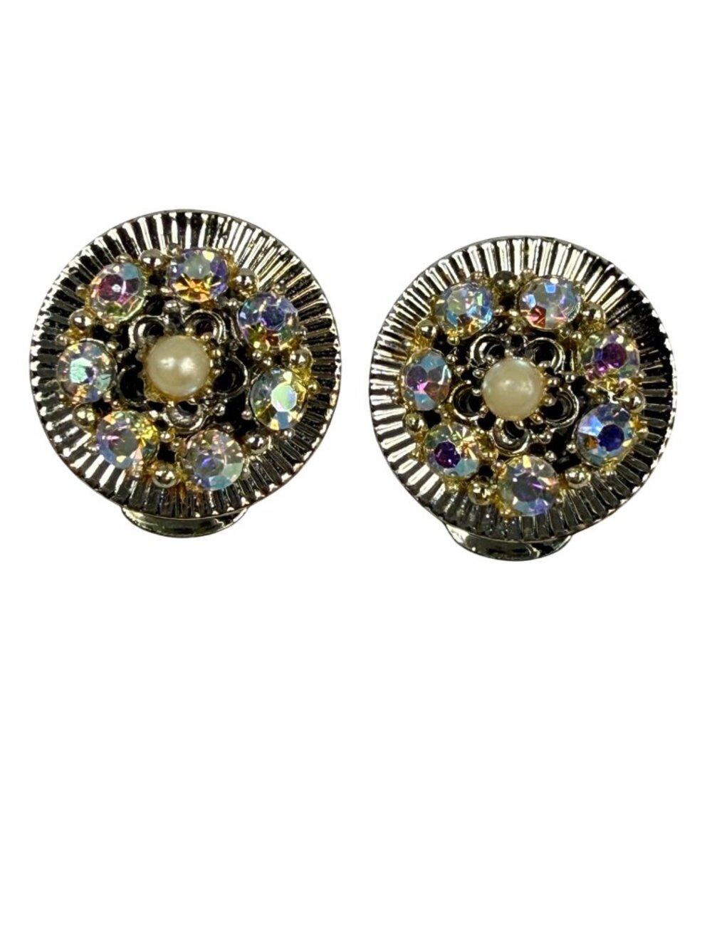 Vintage Rhinestone & Faux Pearl Clip-On Earrings Round Gold Tone Floral Design